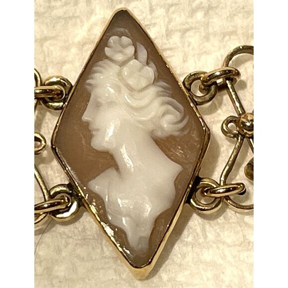 14K Gold Carved Shell Cameo Bracelet 6" With Geometric Diamond Design - Picture 11 of 16